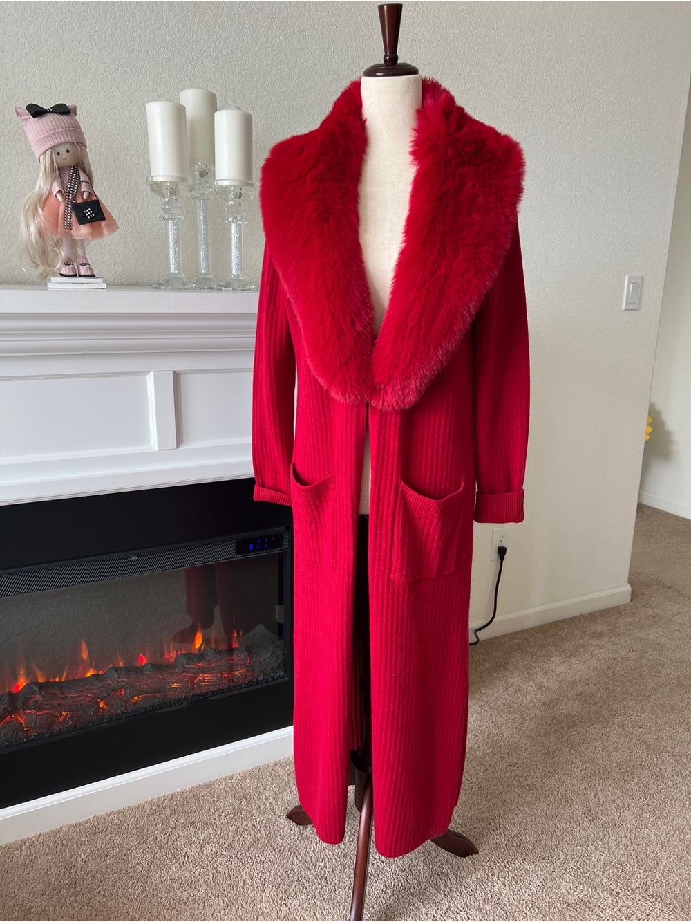 Boston Proper Vibrant Red Ribbed Faux Fur Collar Cardigan